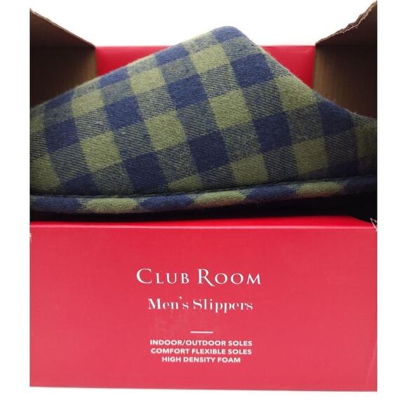 Club Room Men's Fleece-Lined Flannel Slippers Green/Navy Plaid 6-7 Small NEW - Picture 7 of 9